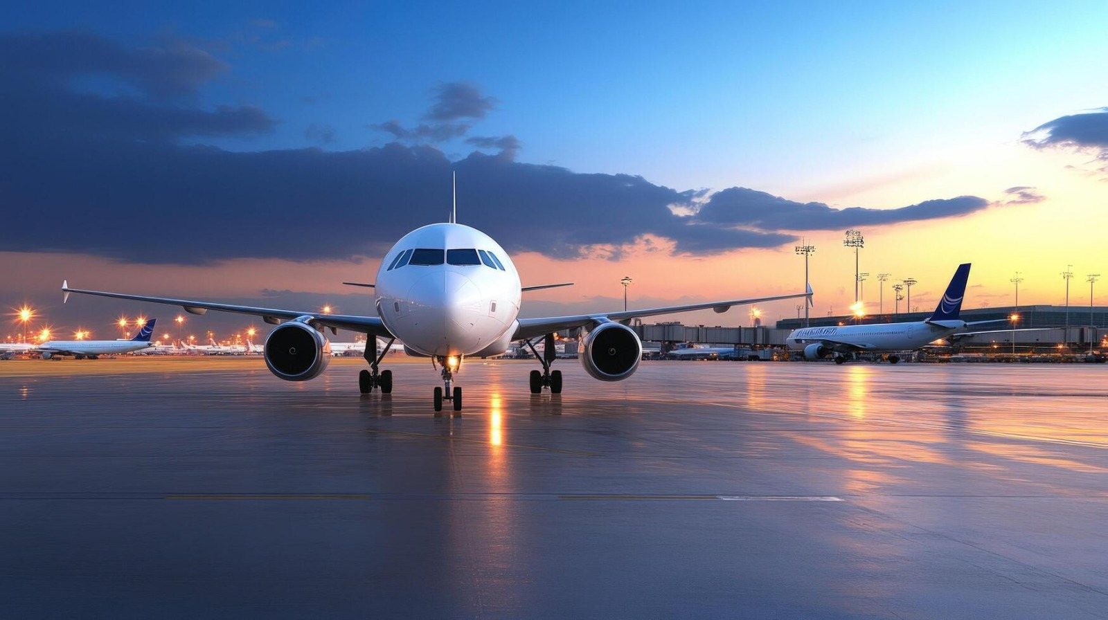 Avião na pista ao entardecer para representar passagens aéreas