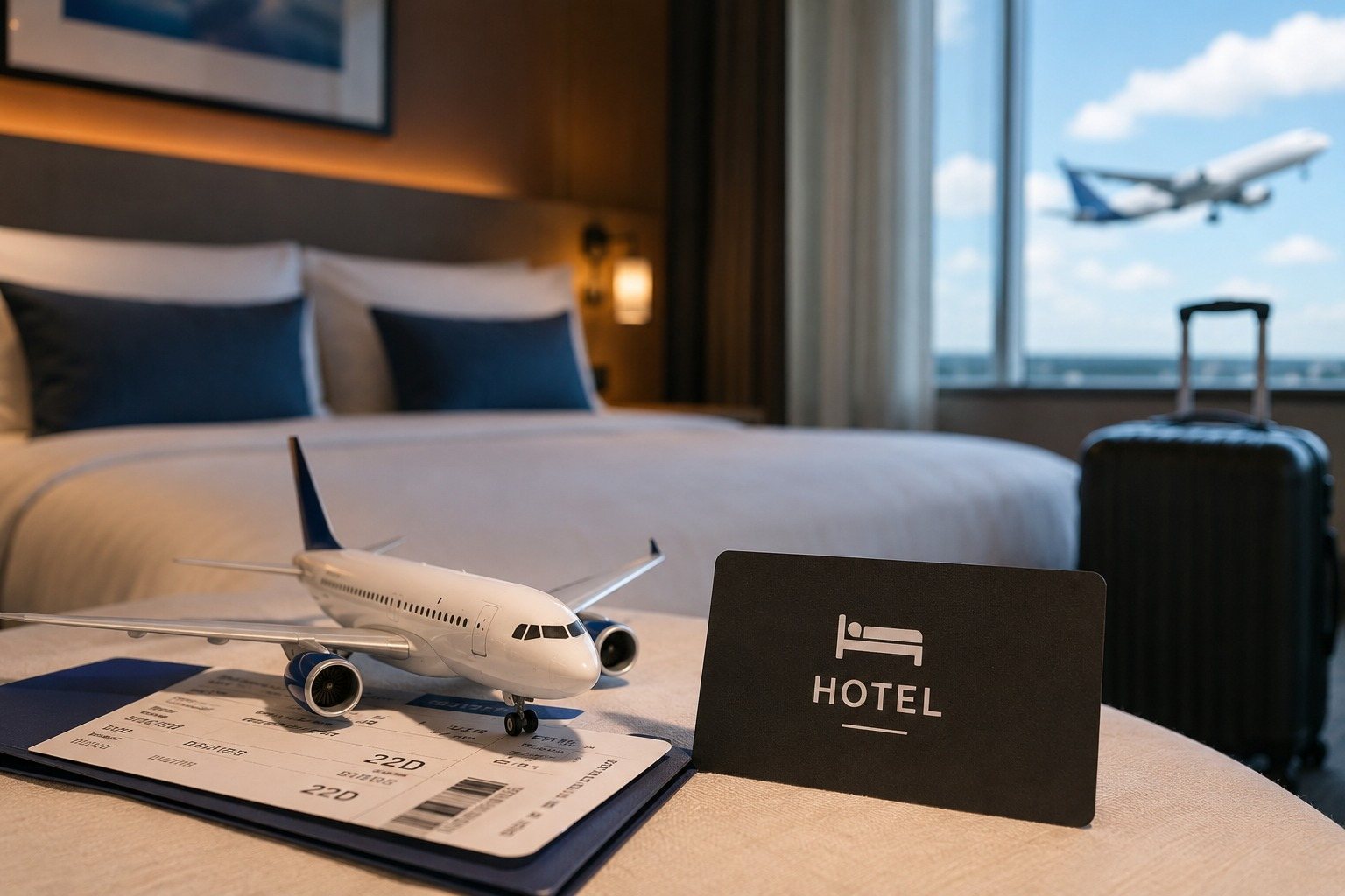 Quarto de hotel com avião e documentos de viagem para representar voo e hotel