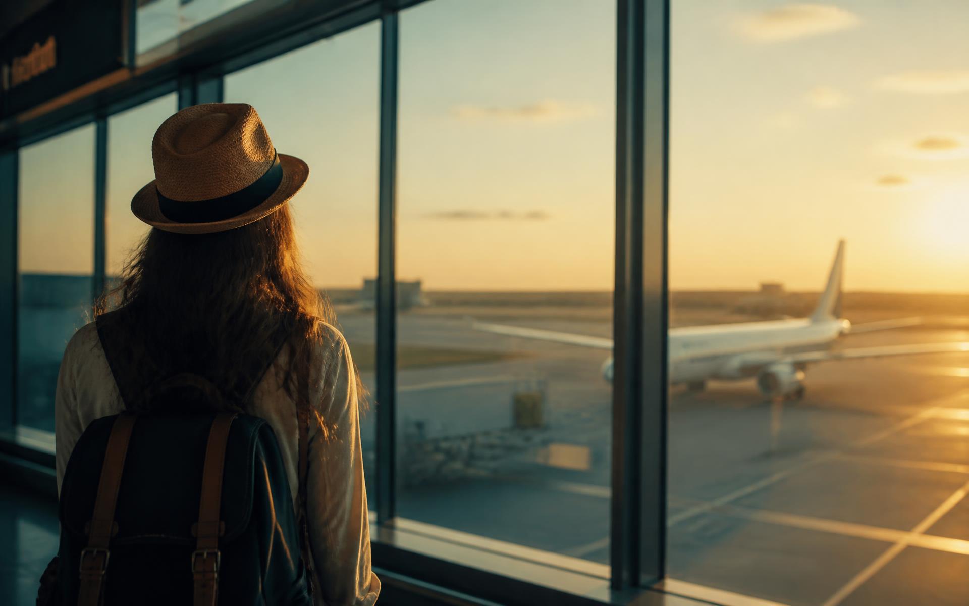Viajante em um aeroporto observando um avião ao pôr do sol