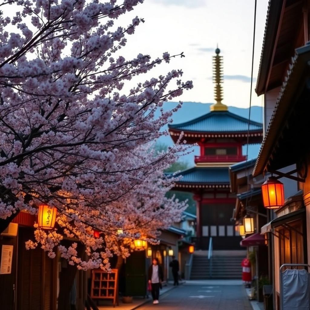 Rua tradicional japonesa com cerejeiras