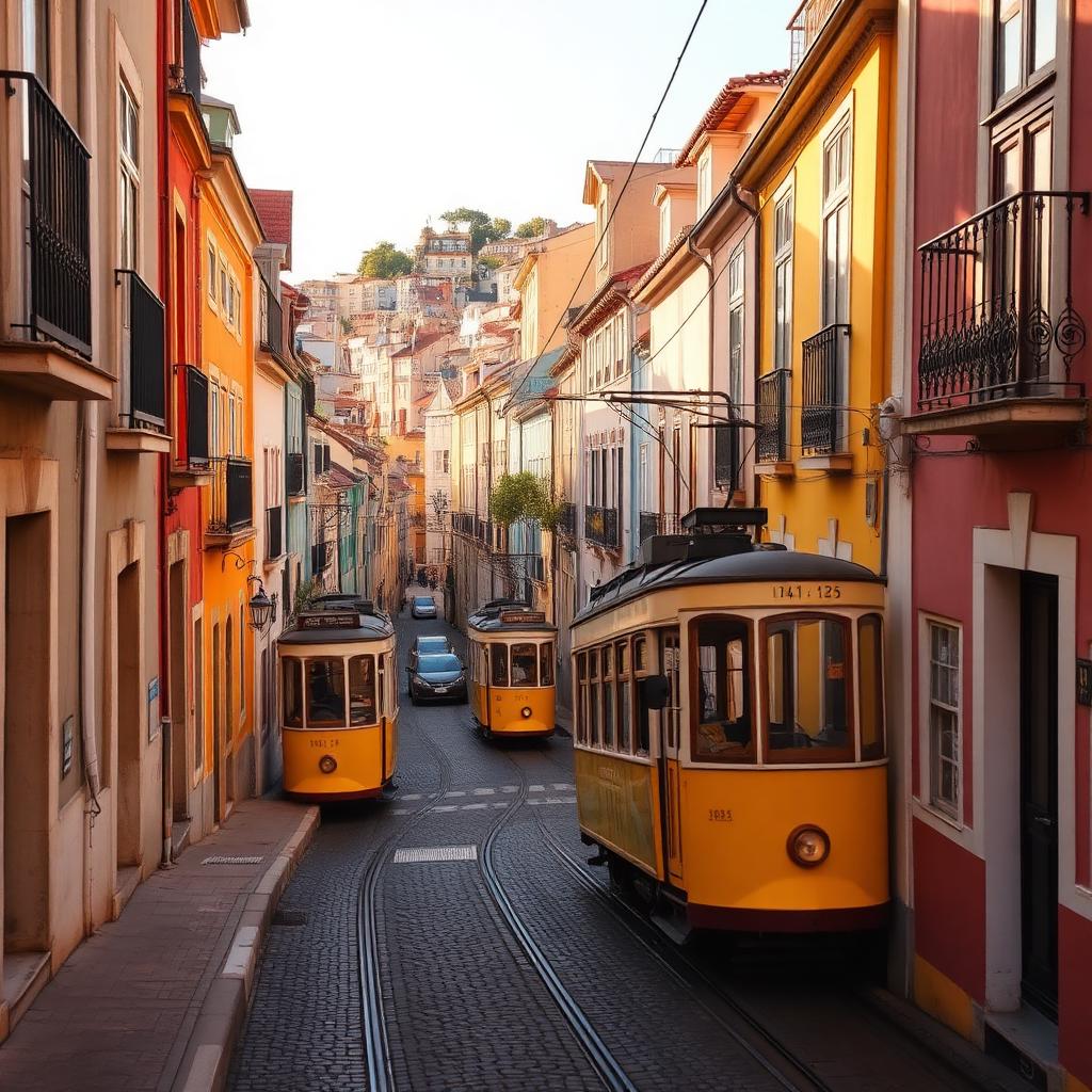 Rua histórica europeia com bondes amarelos
